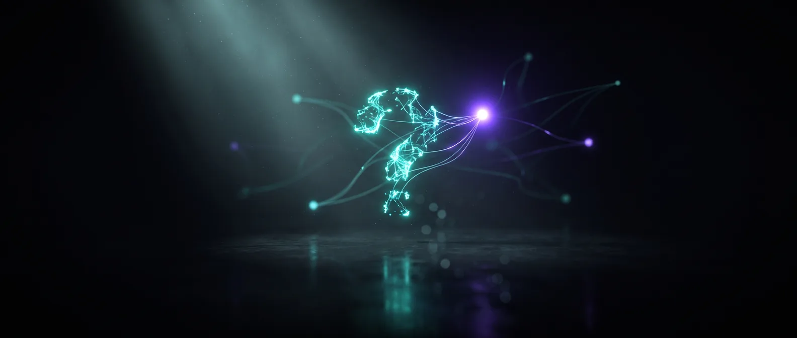 Abstract dark editorial graphic of scattered glowing signal threads converging into one bright node, illustrating an AEO agency pulling scattered brand signals into a single AI-cited answer