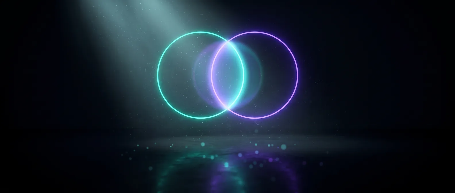 Two glowing rings, one teal and one violet, overlapping like a Venn diagram against a dark background, representing the shared ground between AEO and SEO