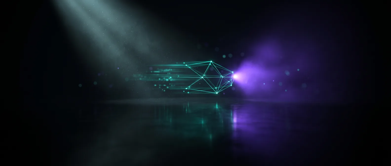 Abstract dark editorial graphic of a lightweight geometric structure emitting clean signal lines, illustrating Astro's SEO advantage from shipping near-zero JavaScript