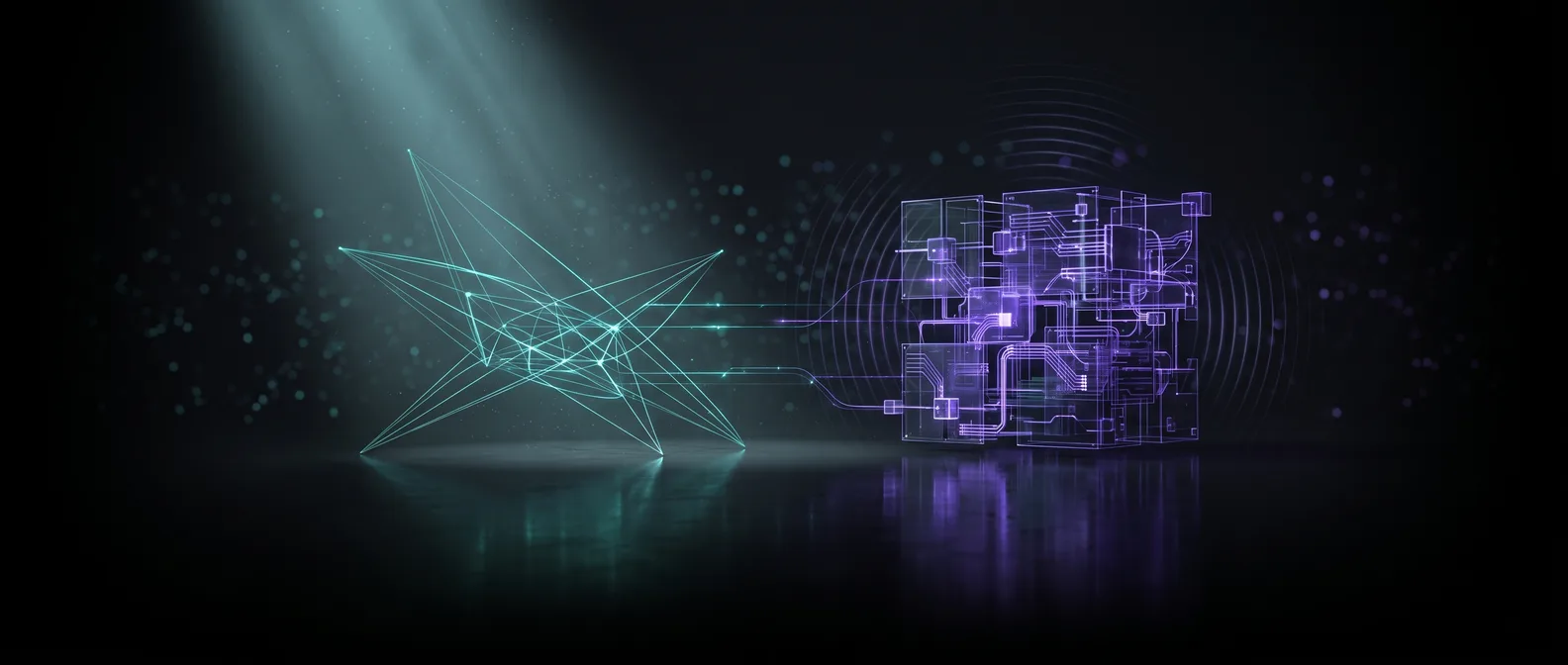Abstract dark editorial graphic showing a sparse teal wireframe lattice facing a dense violet modular system, illustrating Astro versus Next.js as headless stacks for a marketing site