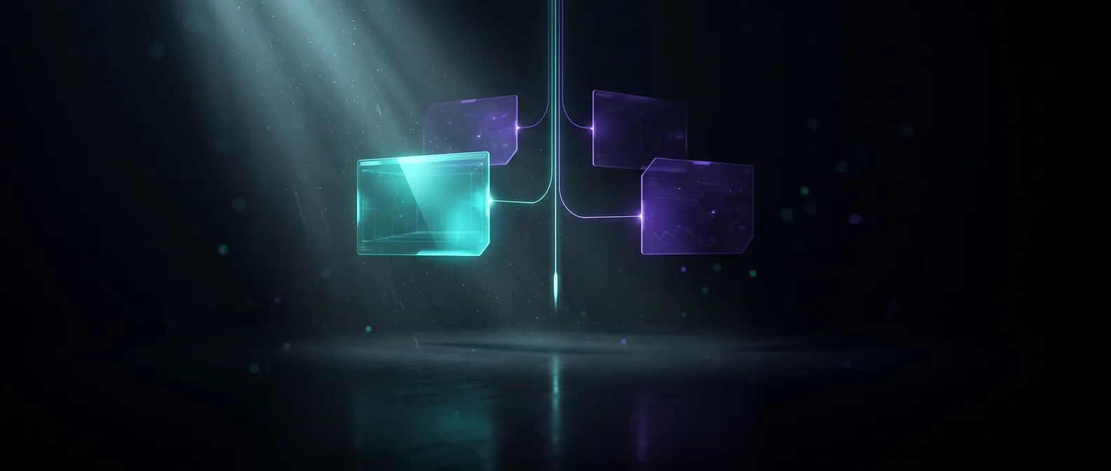 Abstract dark editorial graphic of four distinct modular content blocks arranged around a central hub, illustrating a comparison of headless CMS platforms