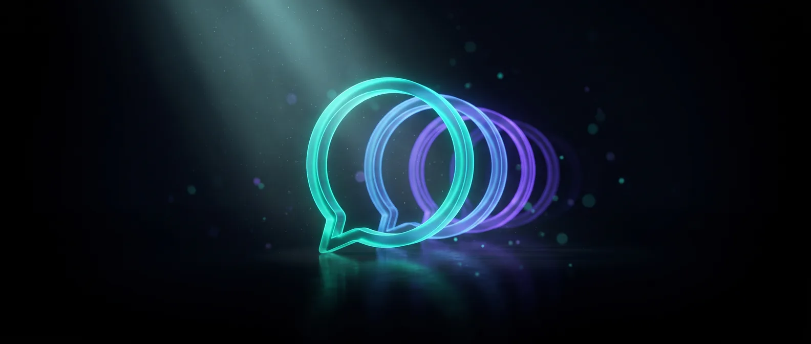 Abstract dark editorial graphic of overlapping speech-like shapes resolving into a single answer, illustrating conversational search replacing keyword queries