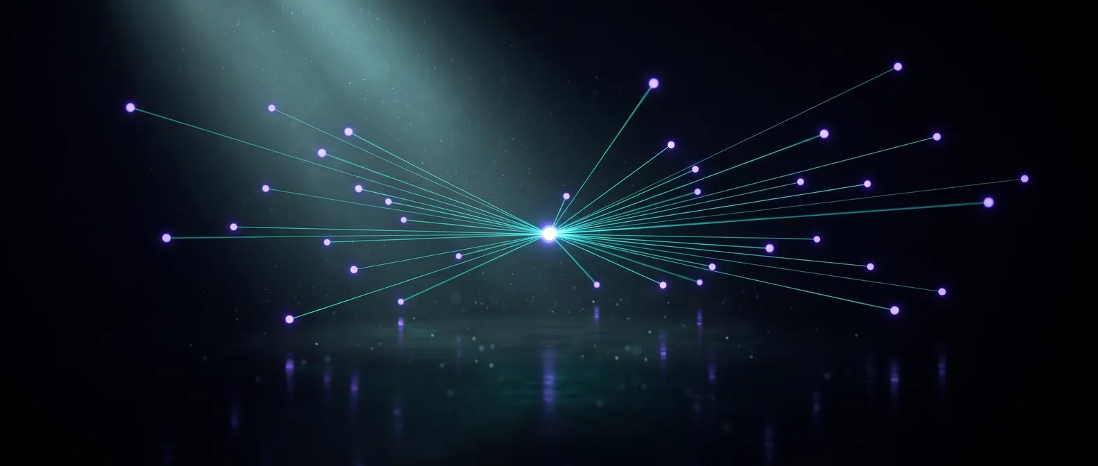 Editorial illustration of a network of press and media logos radiating outward toward a central brand node, representing digital PR earning the mentions AI search engines cite