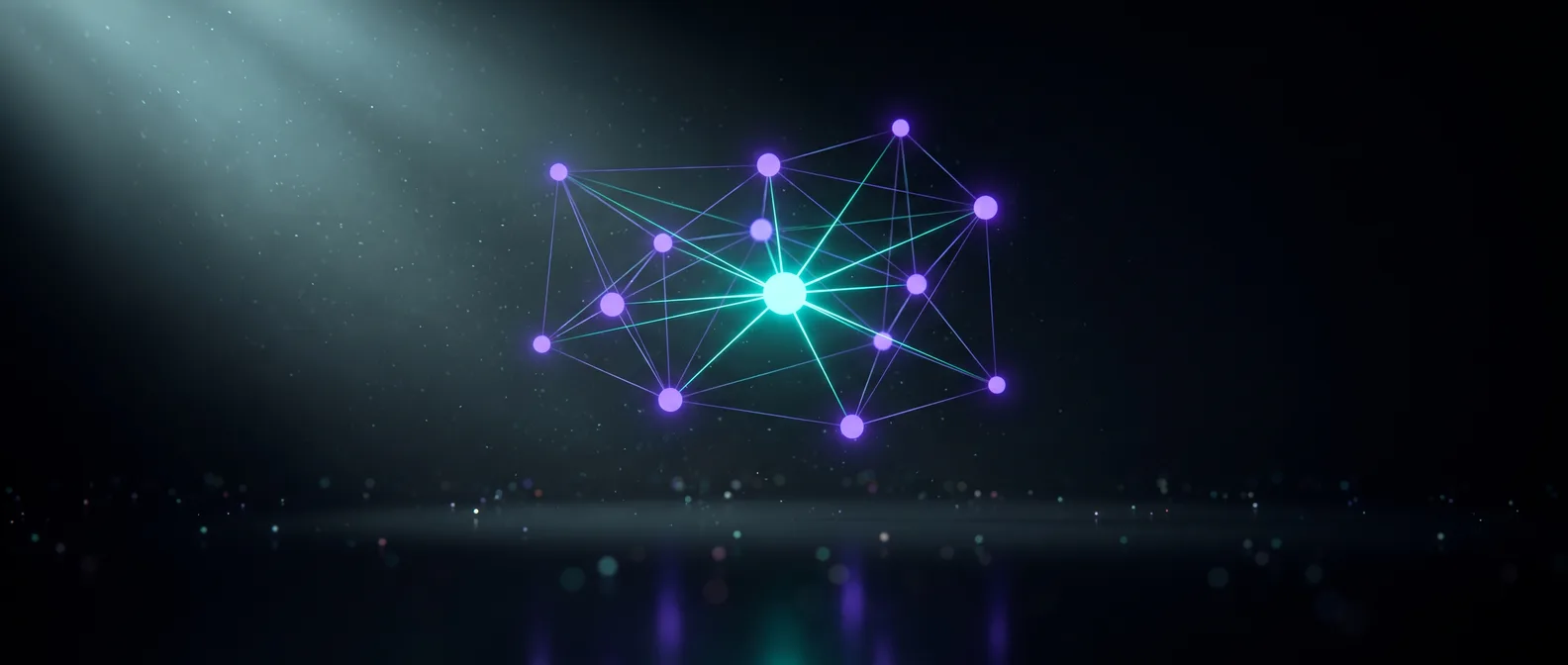 Editorial illustration of a central brand node connected by fine lines to profiles, mentions and data sources, representing entity SEO and the signals AI engines use to trust a business