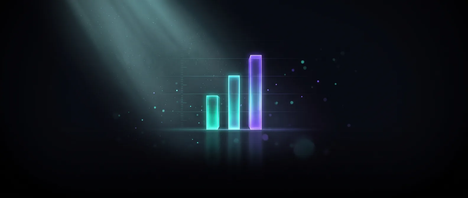 Abstract dark editorial graphic of three glowing bars, teal, teal and purple, rising like a bar chart on a dark reflective surface, illustrating tiered pricing for a generative engine optimisation programme
