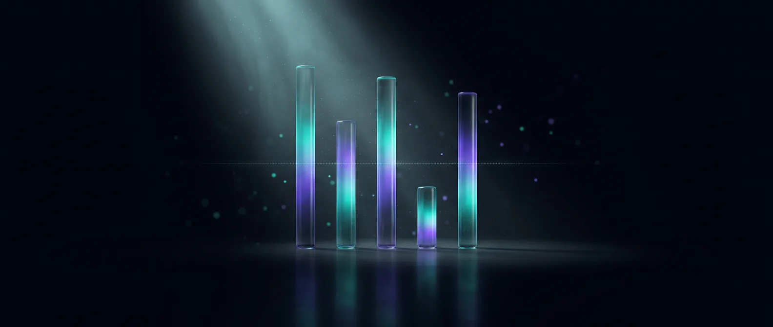 Abstract dark editorial graphic of stacked translucent price tiers in teal and violet, ascending across a dark reflective surface, illustrating the range of website costs in the UK