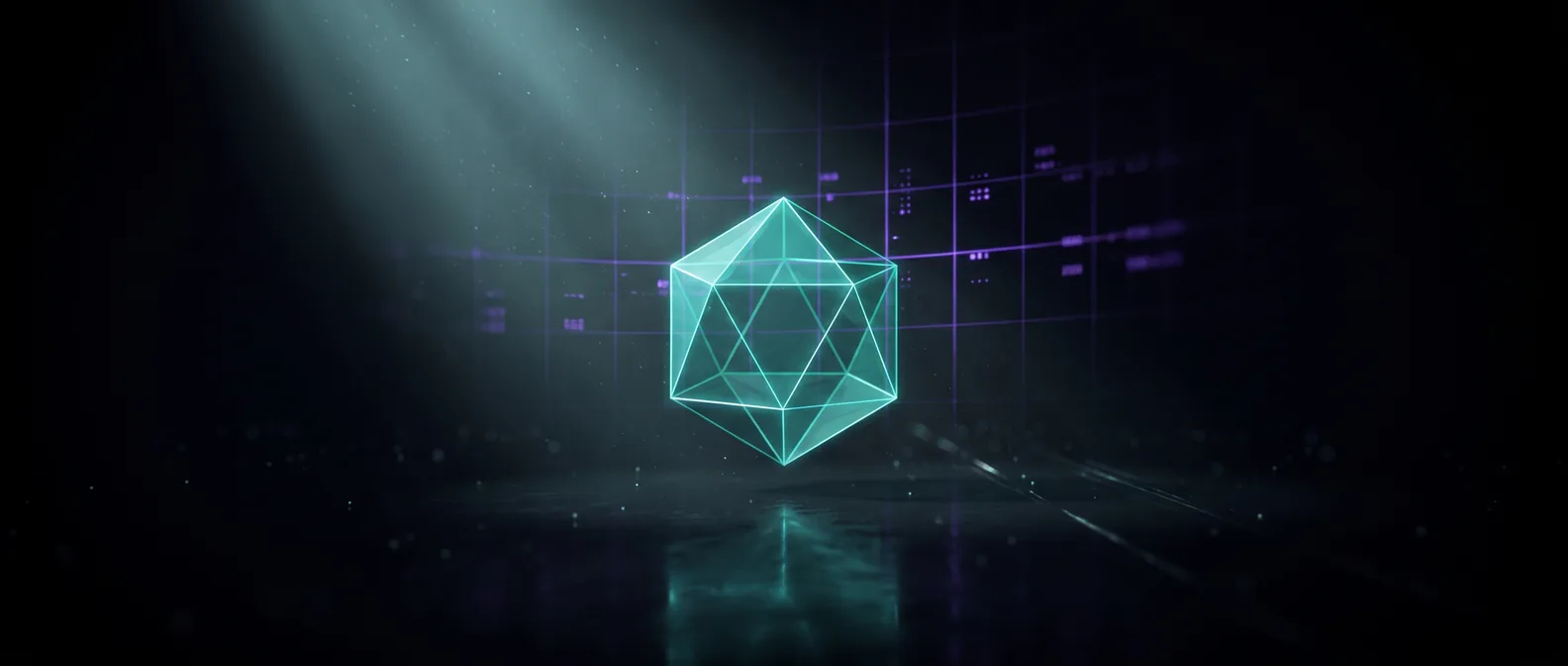 Abstract dark editorial graphic of a glowing teal wireframe gemstone hovering above a reflective floor in front of a faint data-grid backdrop, illustrating the cost of an AEO programme