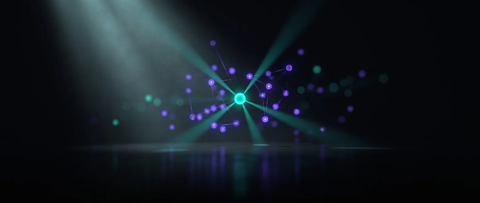 Abstract dark editorial graphic of one highlighted source being picked out from a field of web pages, illustrating how AI answer engines cite brands