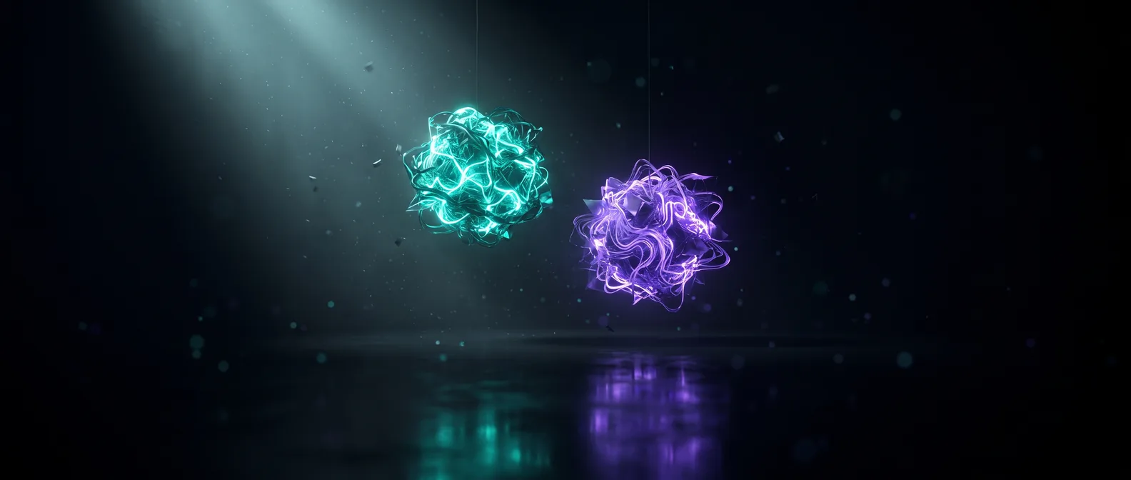 Abstract dark editorial graphic of a website's structure splitting into separate content and interface layers, illustrating the decision of whether to go headless