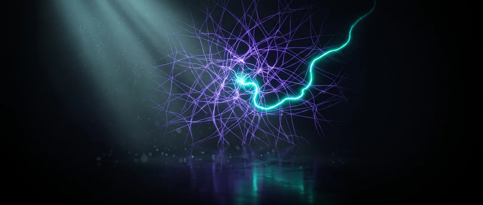 Abstract dark editorial graphic of glowing text fragments assembling into a single highlighted answer, illustrating LLM SEO getting a business cited in an AI response