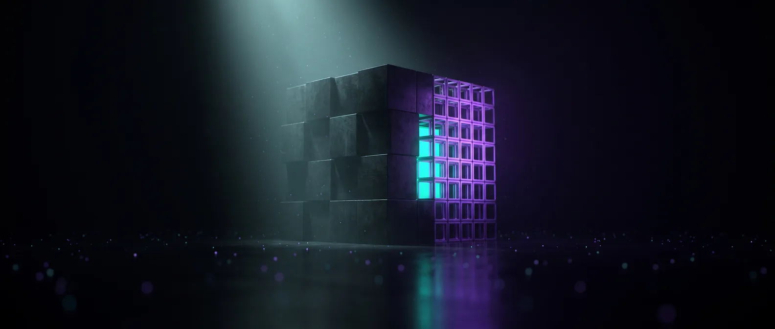Abstract dark editorial graphic of a WordPress mark dissolving into a sharp geometric Next.js grid, illustrating the shift from a WordPress site to a Next.js rebuild