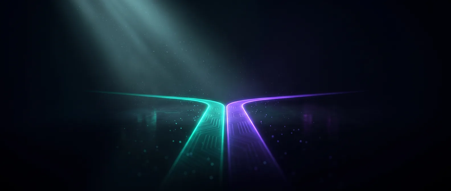 Abstract dark editorial graphic of a single glowing path forking into two separate roads, one teal and one violet, representing search splitting into classic SEO and generative engine optimisation