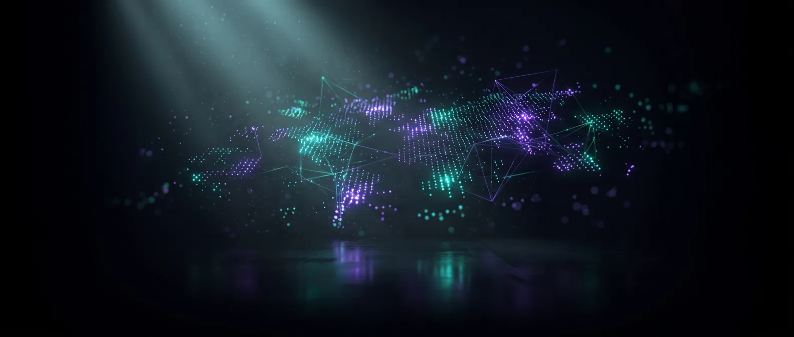 Abstract dark editorial graphic of points clustering in a vector space, illustrating how embeddings group pages by meaning for vector SEO