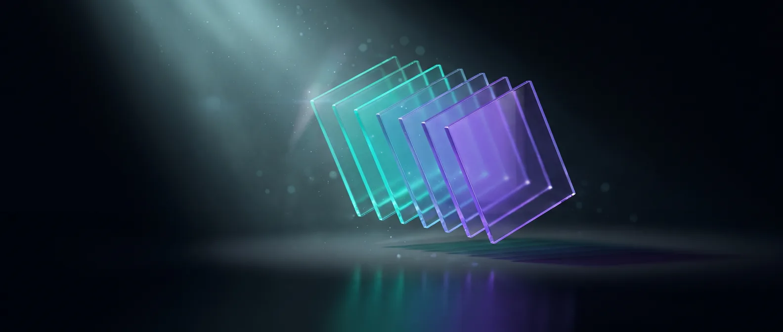 Abstract dark editorial graphic of layered translucent panels in teal and violet fanning out above a dark reflective surface, illustrating the stages of a website design process