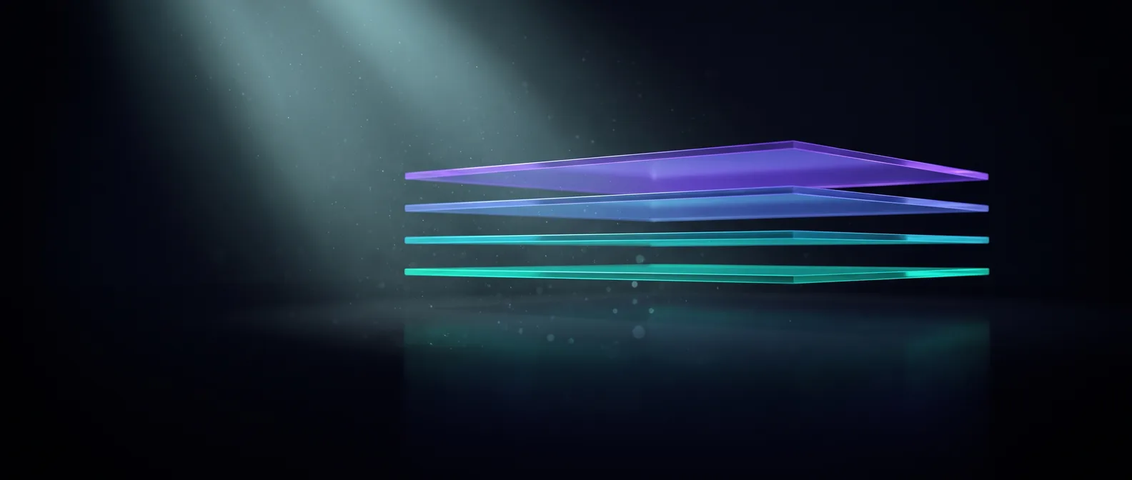 Abstract dark editorial graphic of stacked glowing horizontal planes in teal and violet hovering above a dark reflective surface, illustrating tiers of website hosting