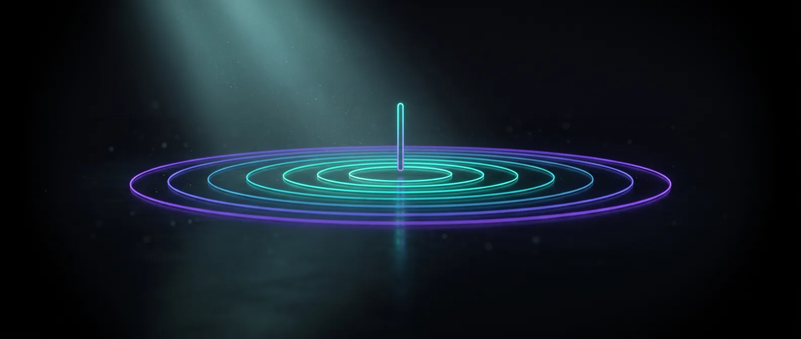Abstract dark editorial graphic of a slow repeating ring of teal and violet light pulses circling above a dark reflective surface, illustrating the recurring monthly cost of website maintenance