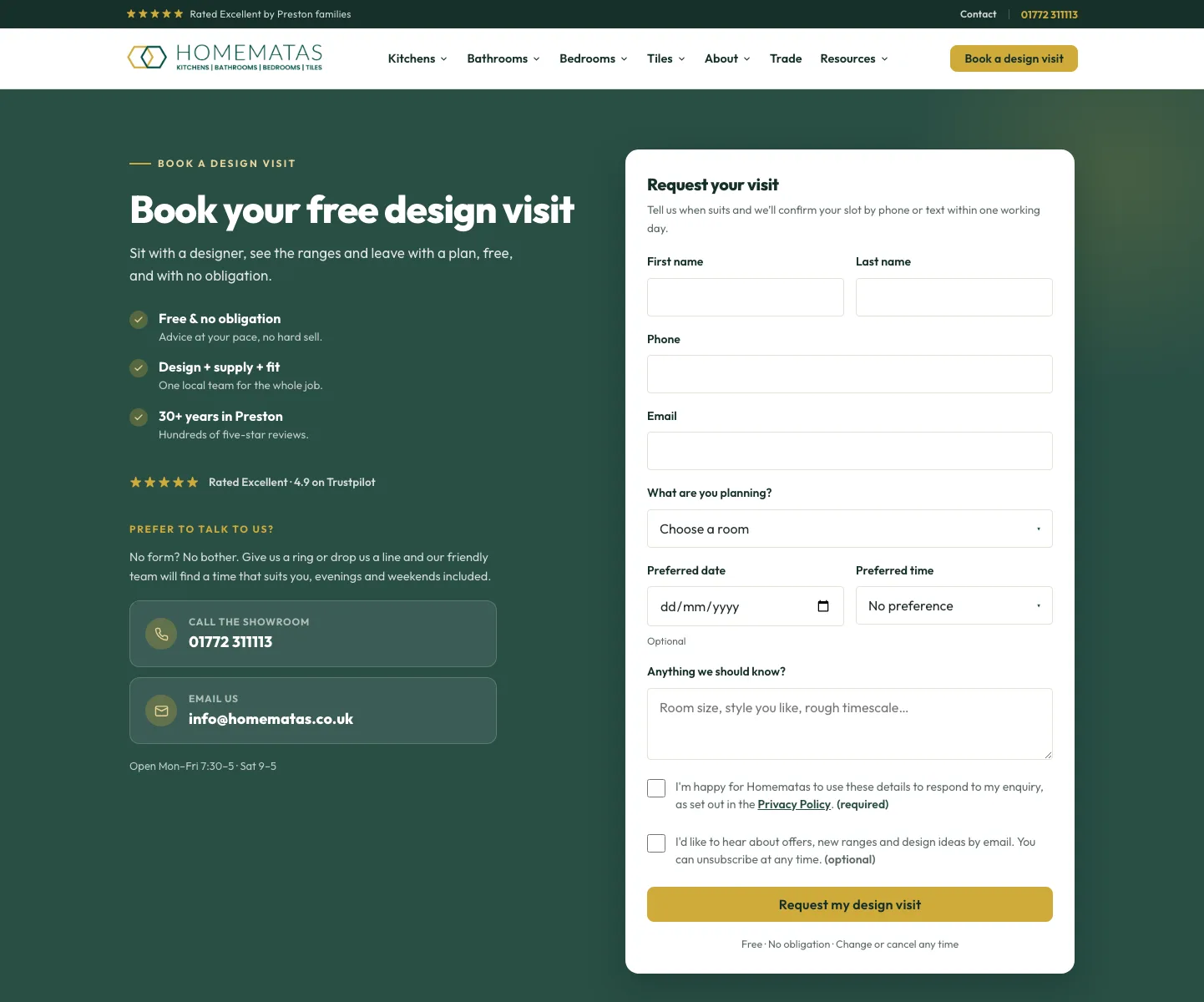 Homematas book a design visit page