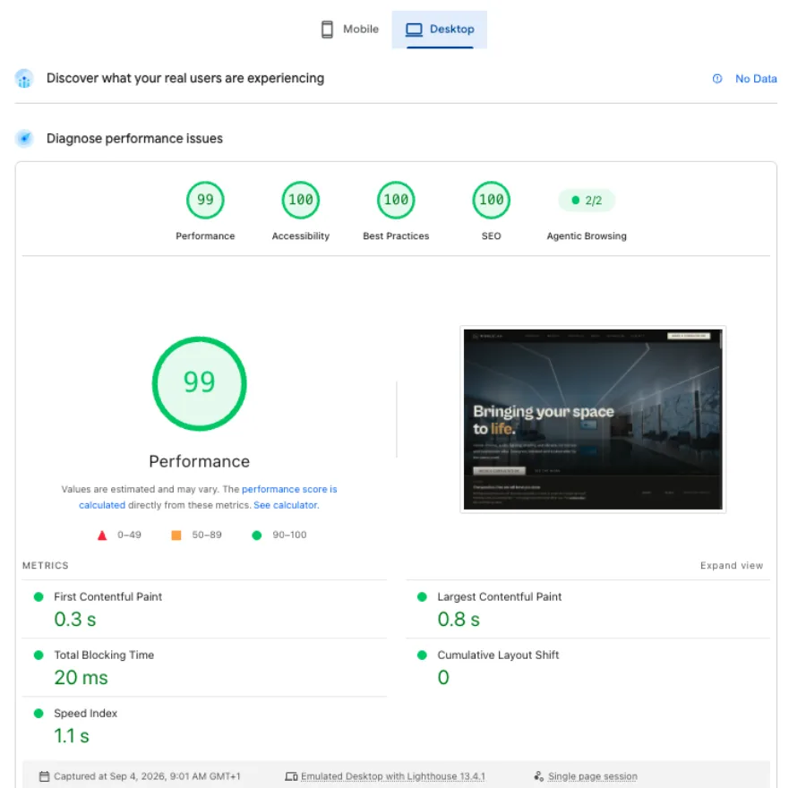 Ribble AV desktop PageSpeed after, scoring 99