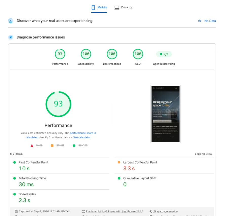 Ribble AV mobile PageSpeed after, scoring 93