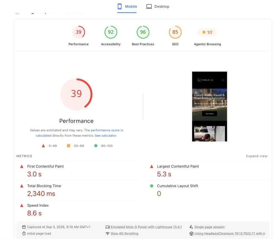 Ribble AV mobile PageSpeed before, scoring 39